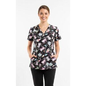 White Cross XS black nurse scrubs top shirt blouse black cats pattern